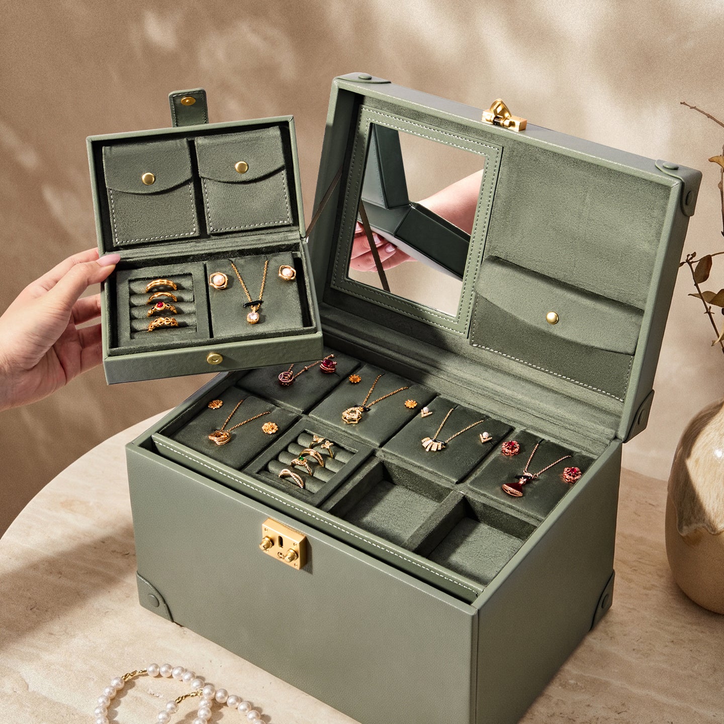Casegrace Vintage Huge Jewelry Case, Built-in Mirror, With Modular Travel Jewelry Organizer