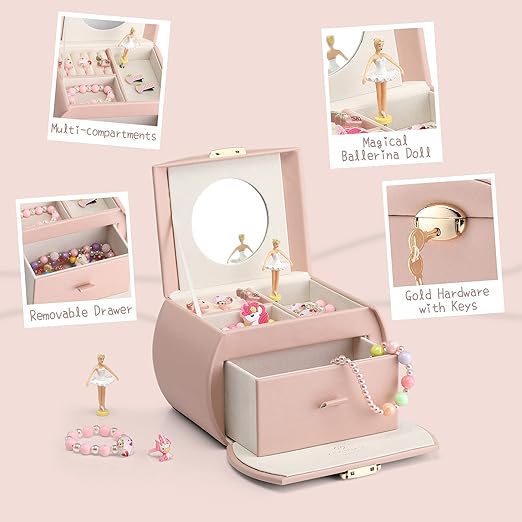 Music Box Jewelry Box, Jewelry Organizer for Girls Kids with Drawer