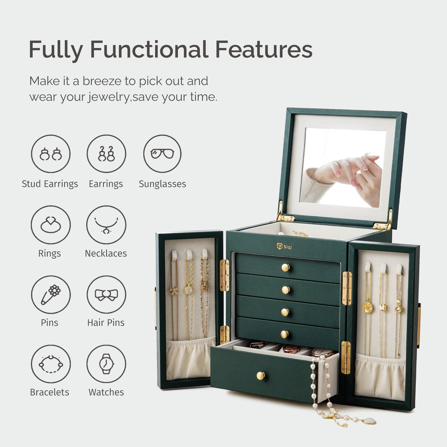 6-Tier Jewelry Organizer Box with Mirror