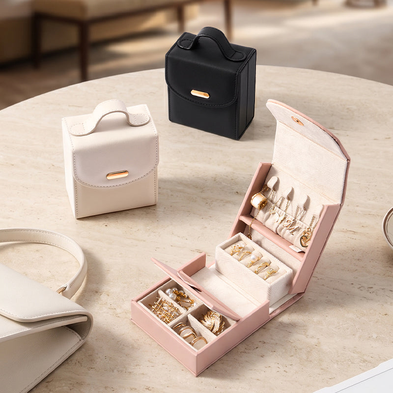 Casegrace Tri‑Fold Portable Handle Travel Jewelry Box, PU Leather Jewelry Organizer