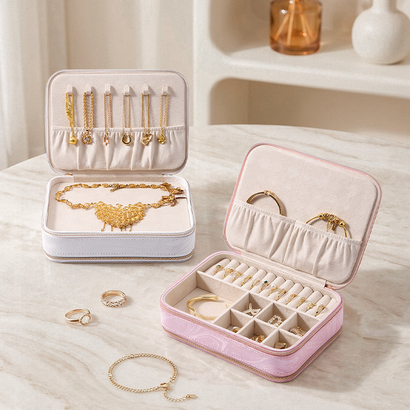 Casegrace Portable Travel Jewelry Box, Dual-Side Double Zipper Storage Layout Jewelry Organizer Case for Rings Earrings Necklaces Bracelets