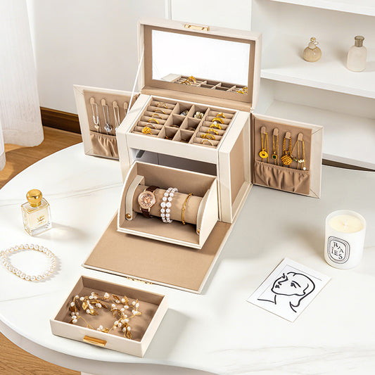 Casegrace 4-Layer Large Capacity Jewelry Box with Built-in Mirror, Double Side Necklace Hooks, Multi-Layer Drawer Organizer
