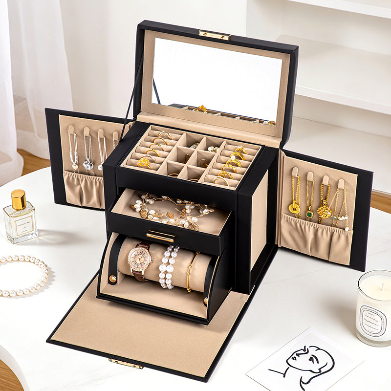 Casegrace 4-Layer Large Capacity Jewelry Box with Built-in Mirror, Double Side Necklace Hooks, Multi-Layer Drawer Organizer