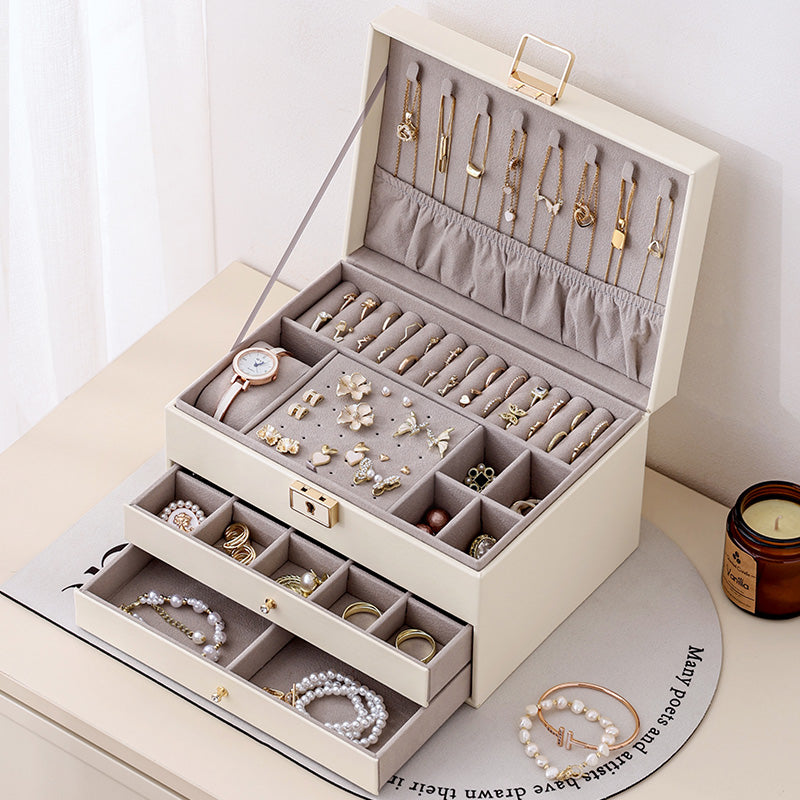 Casegrace 3‑Layer Drawer Jewelry Organizer for Necklaces Rings Bracelets, Large Lockable Jewelry Box