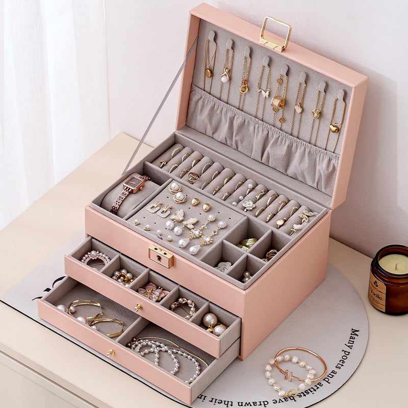 Casegrace 3‑Layer Drawer Jewelry Organizer for Necklaces Rings Bracelets, Large Lockable Jewelry Box