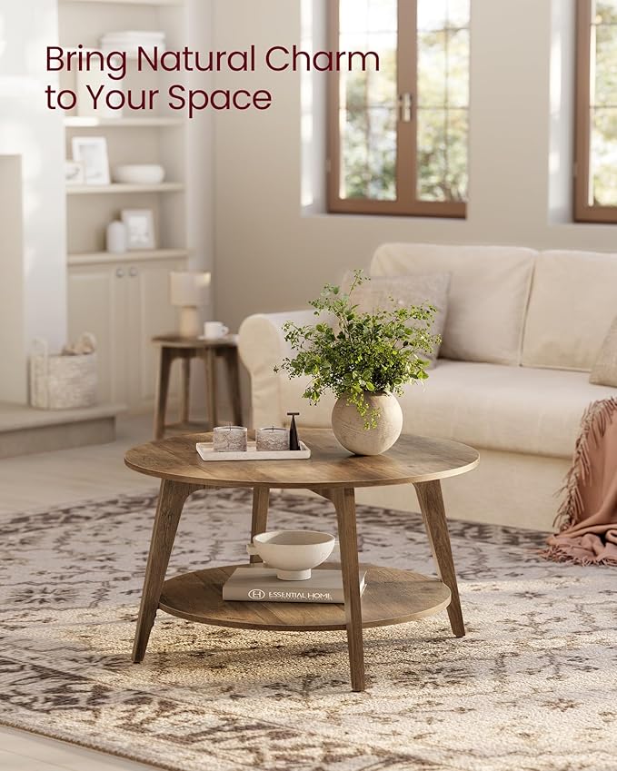 Round Coffee Table, 2-Tier Center Table with Storage, Tapered Legs, Curved Transitions