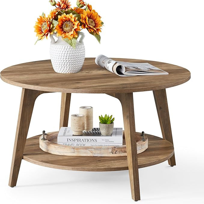 Round Coffee Table, 2-Tier Center Table with Storage, Tapered Legs, Curved Transitions