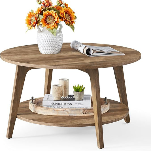 Round Coffee Table, 2-Tier Center Table with Storage, Tapered Legs, Curved Transitions