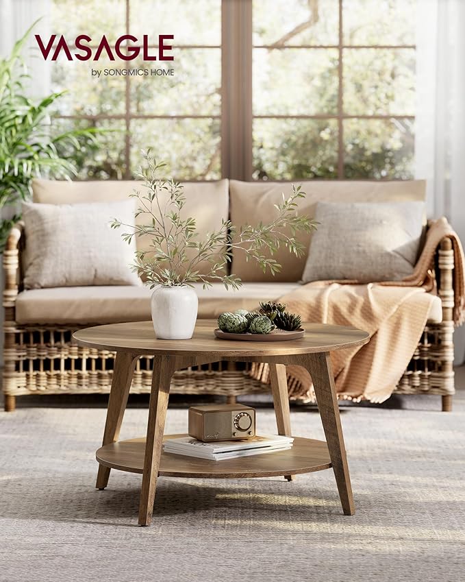 Round Coffee Table, 2-Tier Center Table with Storage, Tapered Legs, Curved Transitions