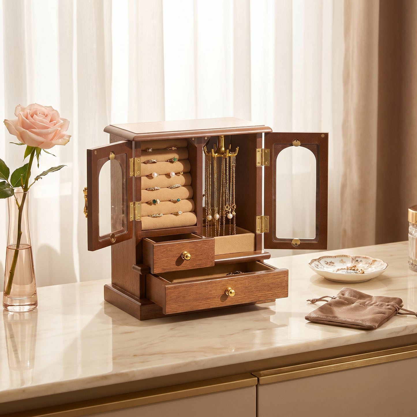 Casegrace Retro Wood Jewelry Cabinet, Rotatable Necklace Hanger Multi‑Compartment Jewelry Storage Organizer