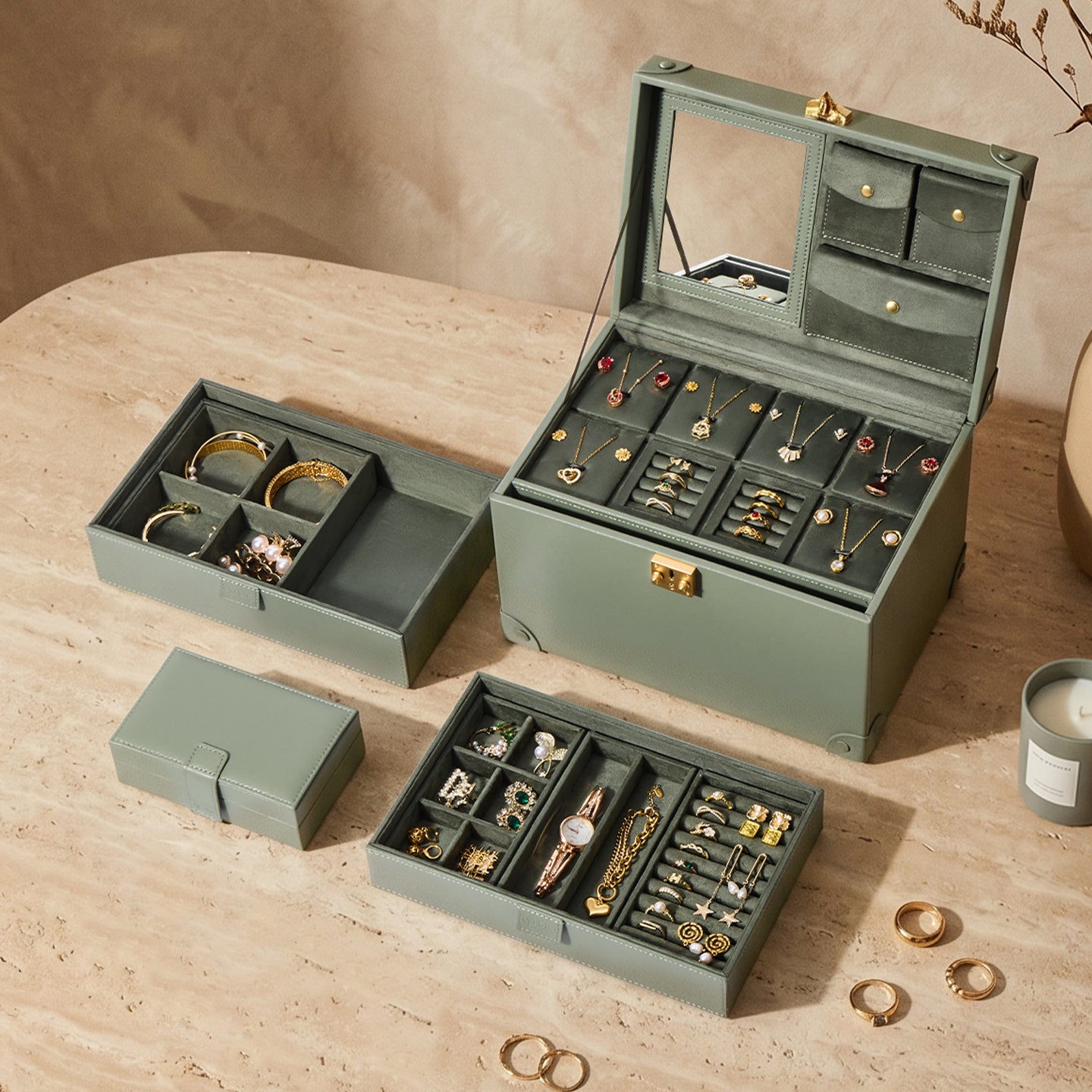 Casegrace Vintage Huge Jewelry Case, Built-in Mirror, With Modular Travel Jewelry Organizer