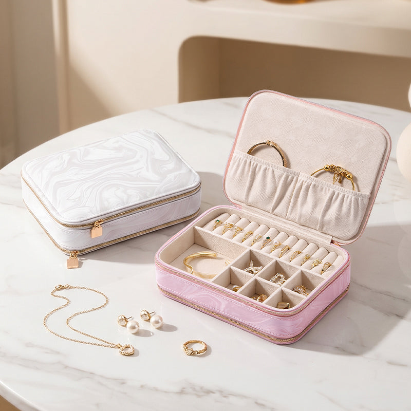 Casegrace Portable Travel Jewelry Box, Dual-Side Double Zipper Storage Layout Jewelry Organizer Case for Rings Earrings Necklaces Bracelets
