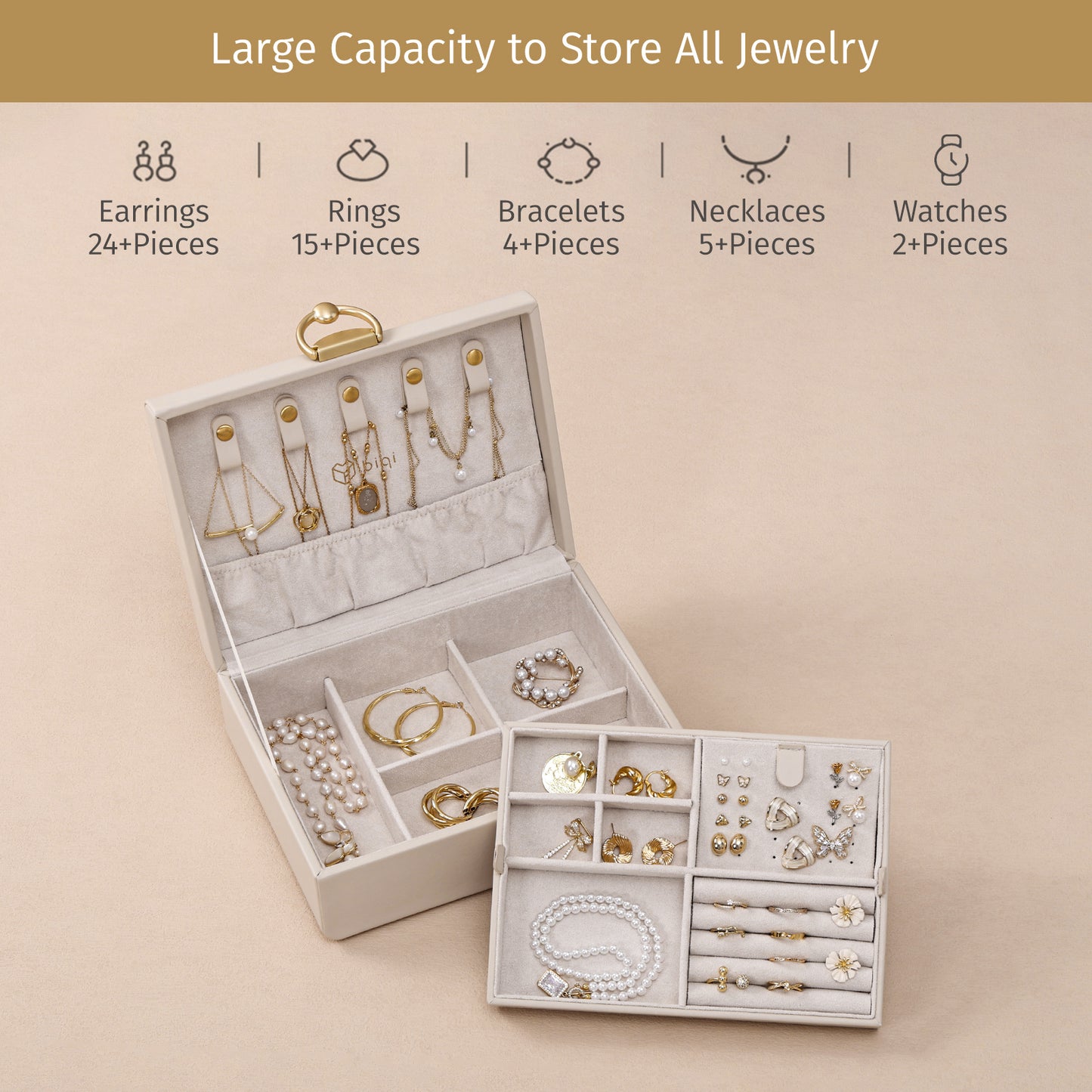 2024 2-Layer Jewelry Box with Removable Jewelry Tray for Necklace Bracelets