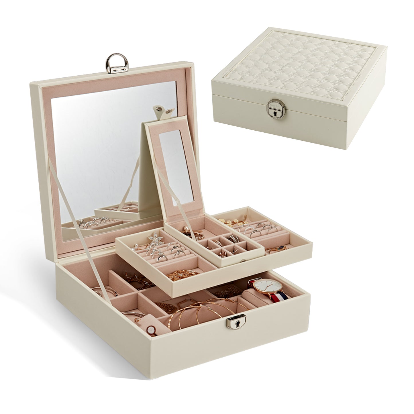 Casegrace Embroidery Two Layer Jewelry Box with Mirror Lock Women Gift Idea