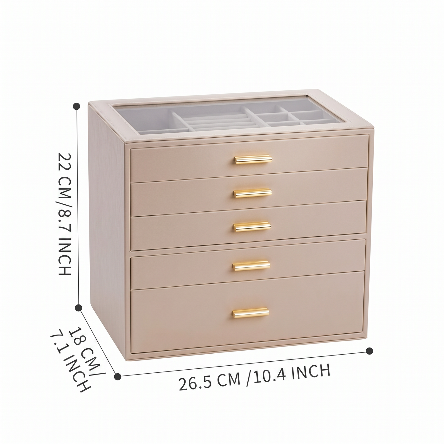 Casegrace 6 Drawer Huge Jewelry Box with Clear Glass Top, PU Leather Vanity Jewel Organizer Gift for Her Mom Bridesmaid