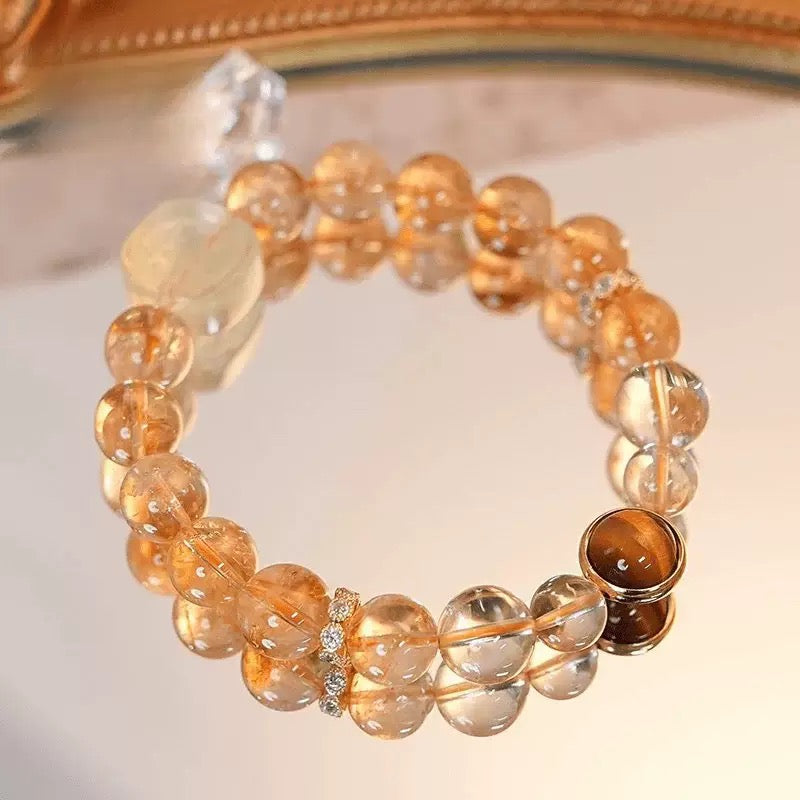 Citrine Tiger Eye Stone Bracelet | Protection & Healing Crystal Jewelry | 10mm Gemstone Beaded Adjustable Bracelet | Lucky Fortune Gem Gift for Men & Women