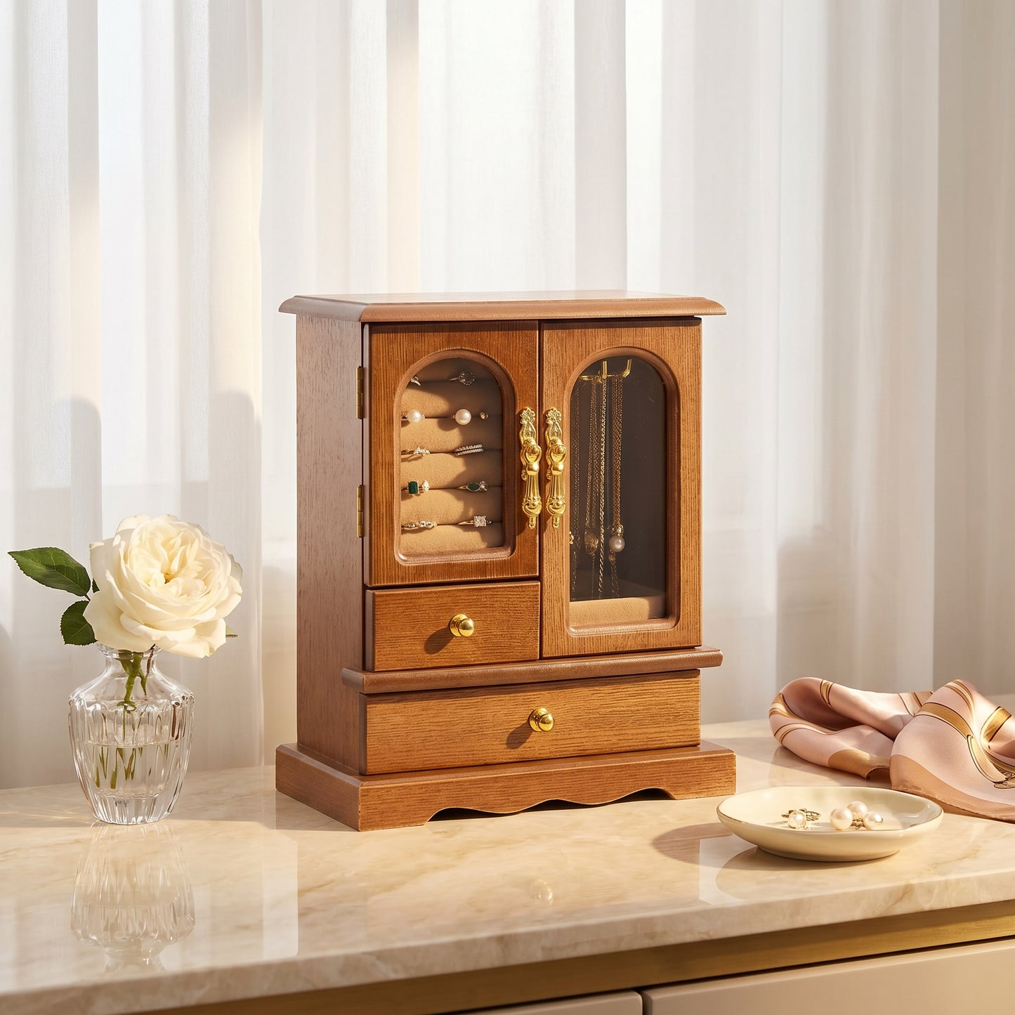 Casegrace Retro Wood Jewelry Cabinet, Rotatable Necklace Hanger Multi‑Compartment Jewelry Storage Organizer