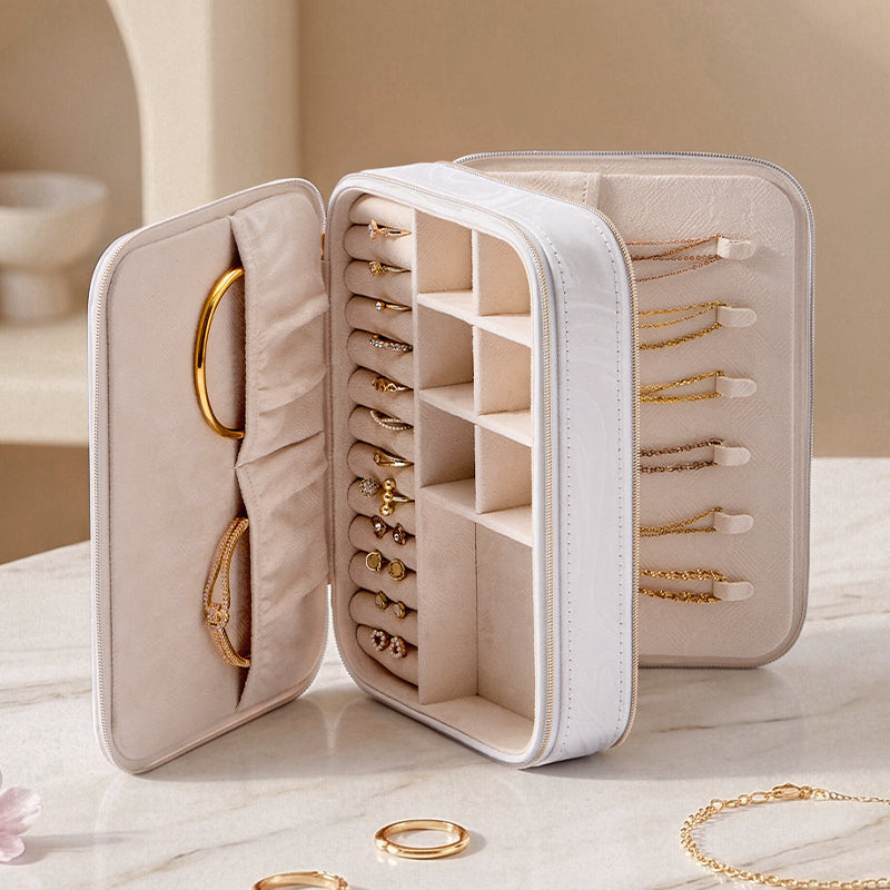 Casegrace Portable Travel Jewelry Box, Dual-Side Double Zipper Storage Layout Jewelry Organizer Case for Rings Earrings Necklaces Bracelets