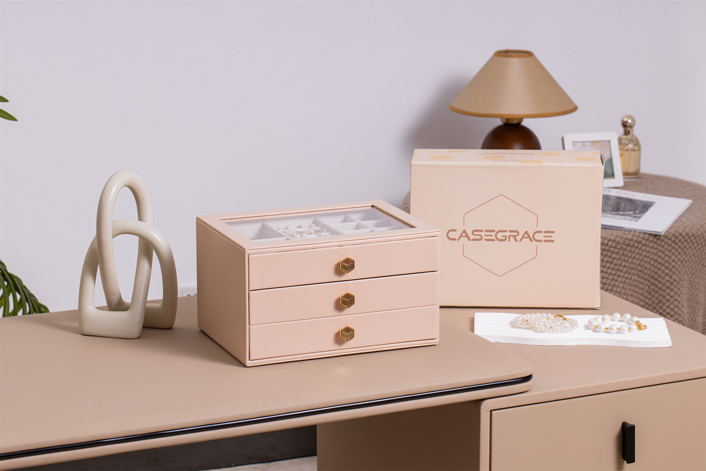 Jewelry Box for Women with Glass Lid-2 Drawers
