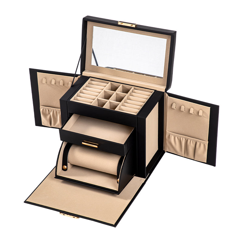 Casegrace 4-Layer Large Capacity Jewelry Box with Built-in Mirror, Double Side Necklace Hooks, Multi-Layer Drawer Organizer