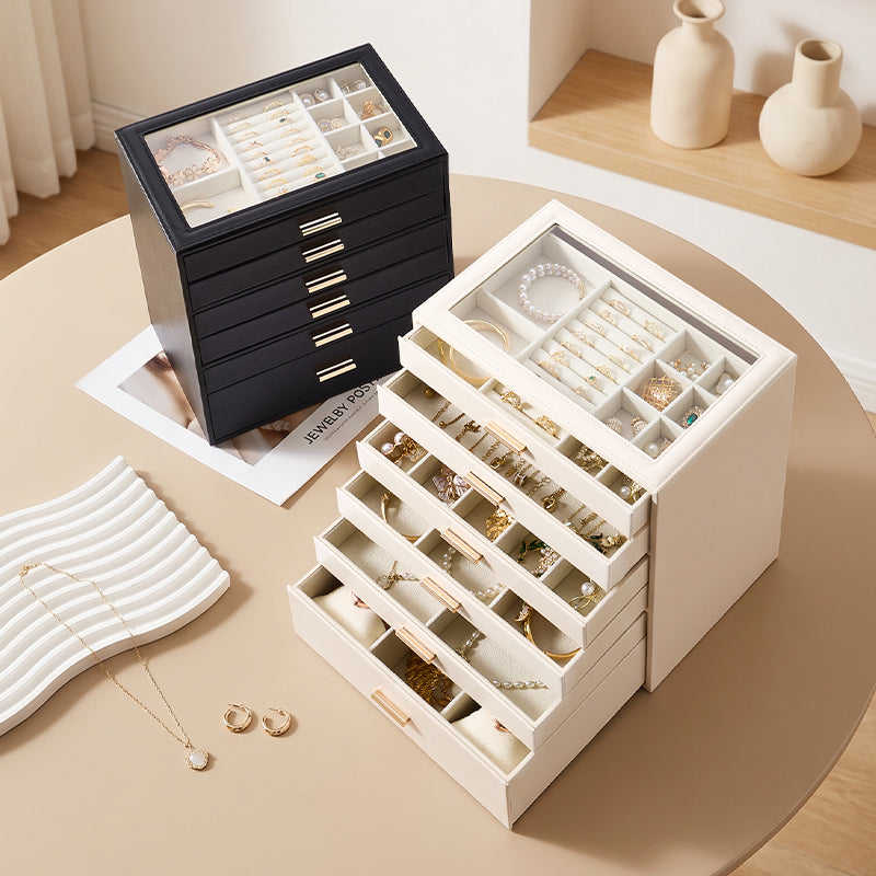 Casegrace 6 Drawer Large PU Leather Jewelry Storage Box with Clear Glass Top, Jewelry Organizer Case for Rings Earrings Necklaces Bracelets Watches