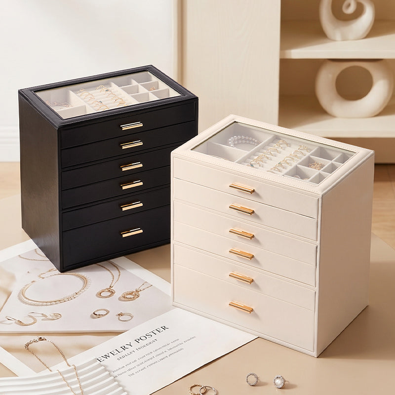 Casegrace 6 Drawer Large PU Leather Jewelry Storage Box with Clear Glass Top, Jewelry Organizer Case for Rings Earrings Necklaces Bracelets Watches