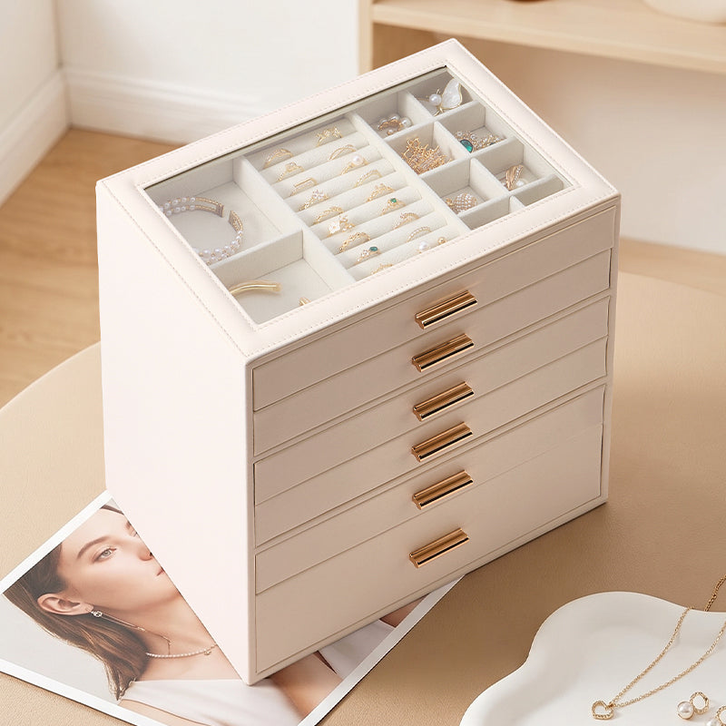 Casegrace 6 Drawer Large PU Leather Jewelry Storage Box with Clear Glass Top, Jewelry Organizer Case for Rings Earrings Necklaces Bracelets Watches