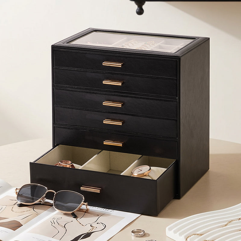 Casegrace 6 Drawer Large PU Leather Jewelry Storage Box with Clear Glass Top, Jewelry Organizer Case for Rings Earrings Necklaces Bracelets Watches