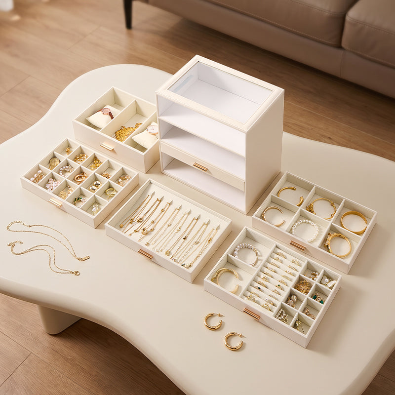 Casegrace 6 Drawer Large PU Leather Jewelry Storage Box with Clear Glass Top, Jewelry Organizer Case for Rings Earrings Necklaces Bracelets Watches