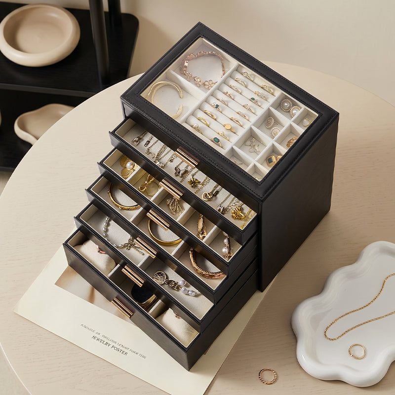 Casegrace 6 Drawer Large PU Leather Jewelry Storage Box with Clear Glass Top, Jewelry Organizer Case for Rings Earrings Necklaces Bracelets Watches