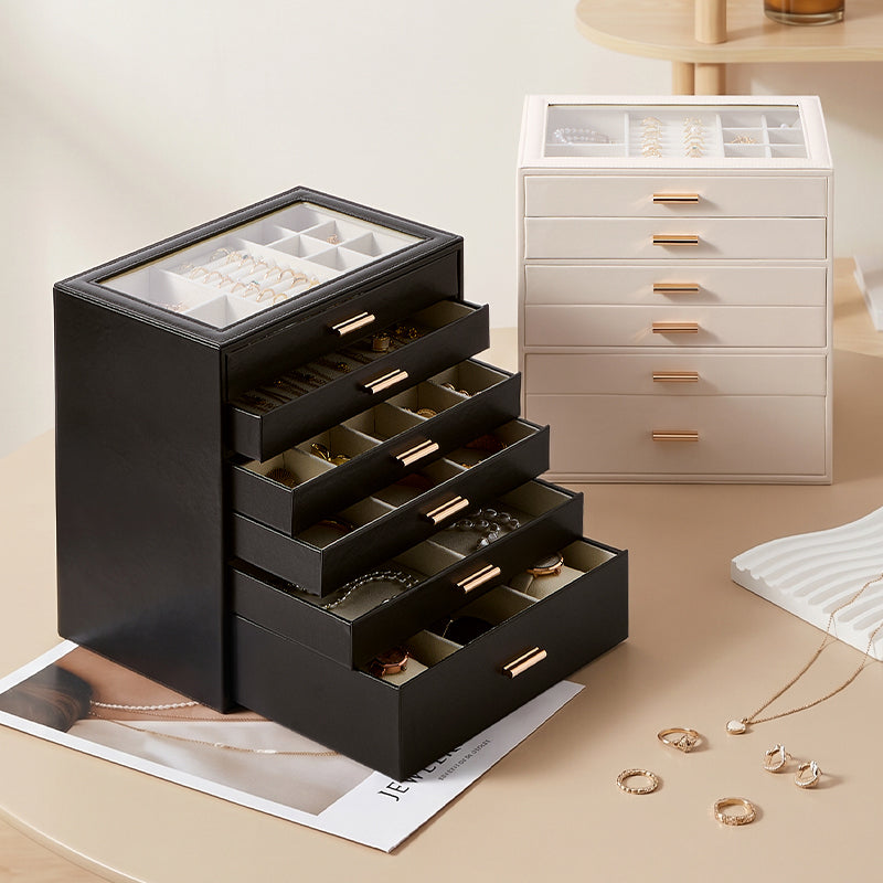 Casegrace 6 Drawer Large PU Leather Jewelry Storage Box with Clear Glass Top, Jewelry Organizer Case for Rings Earrings Necklaces Bracelets Watches