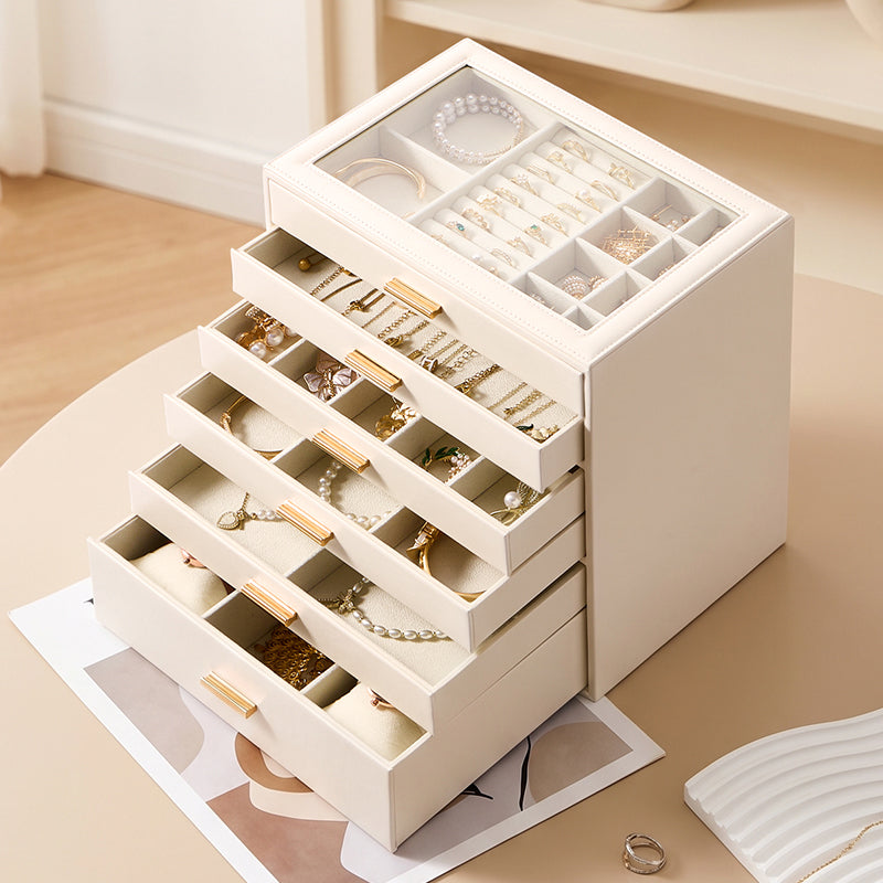 Casegrace 6 Drawer Large PU Leather Jewelry Storage Box with Clear Glass Top, Jewelry Organizer Case for Rings Earrings Necklaces Bracelets Watches