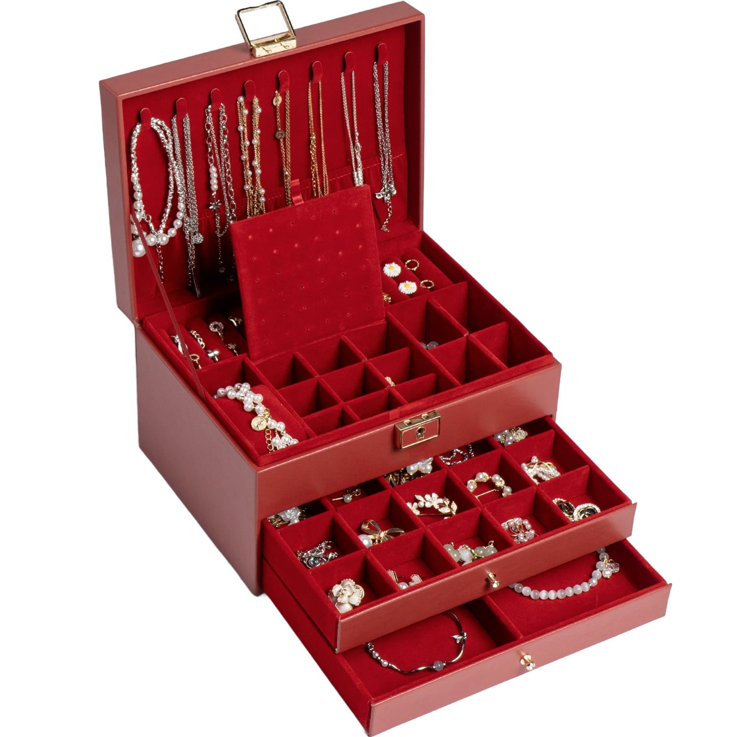 3 Layers PU Leather Jewelry Storage Box with Lock