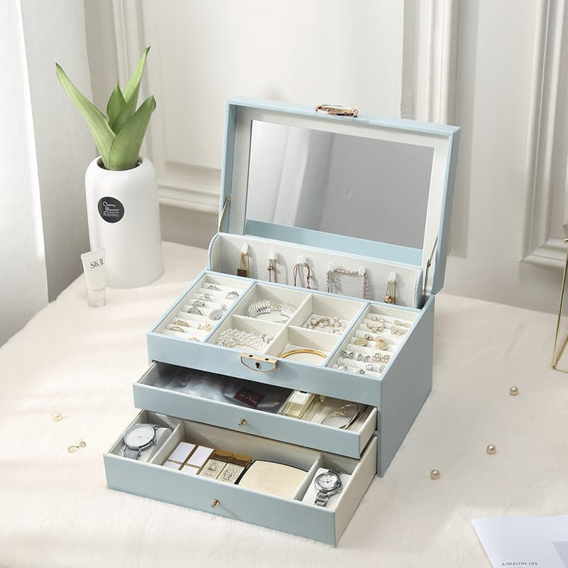 Casegrace Leather Large Jewellery Box With Lock Decor 3 Drawers for Women's Jewelry Organizer Earring