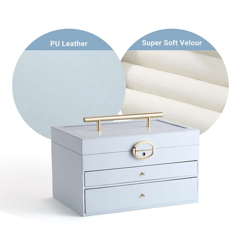 Casegrace Leather Large Jewellery Box With Lock Decor 3 Drawers for Women's Jewelry Organizer Earring