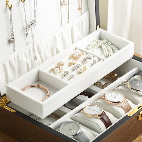 Casegrace Wooden Jewelry Case with Key Lock Display Storage Box for Necklace Bracelet Earrings Rings Watch