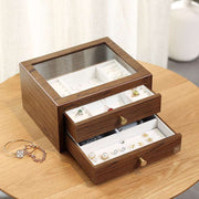 Casegrace 2-Drawer Large Wooden Jewelry Box, Glass Top Jewelry Organizer, Wood Jewelry Storage Case