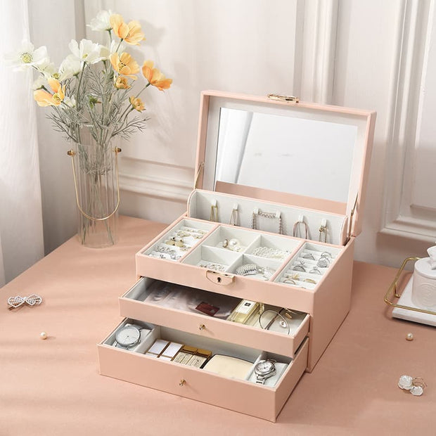 Casegrace Leather Large Jewellery Box With Lock Decor 3 Drawers for Women's Jewelry Organizer Earring