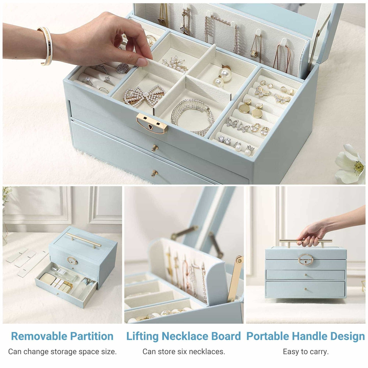 Casegrace Leather Large Jewellery Box With Lock Decor 3 Drawers for Women's Jewelry Organizer Earring