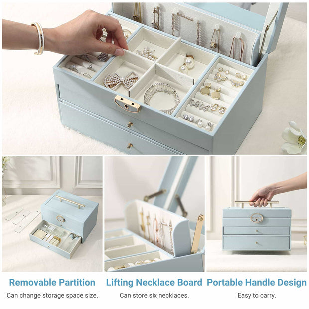 Casegrace Leather Large Jewellery Box With Lock Decor 3 Drawers for Women's Jewelry Organizer Earring