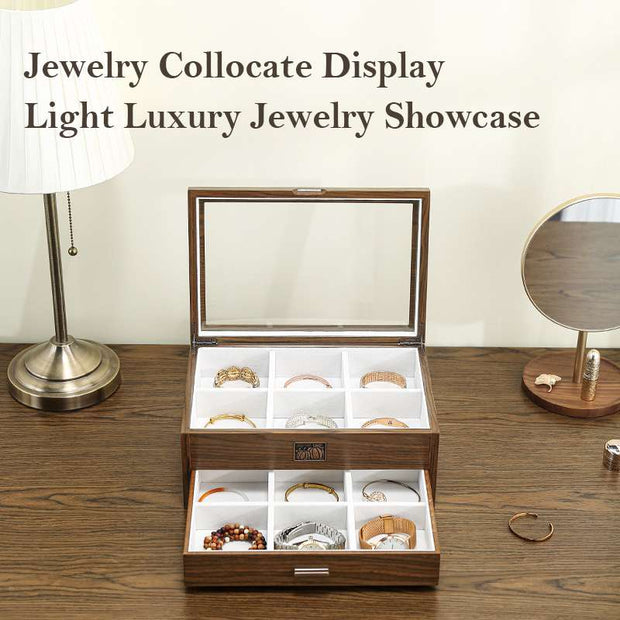 Casegrace Wood Bracelet Box - Luxury Wood Jewelry Case Display Jewelry Organizer - Locking Watch Display Case Holder with Large Glass Top