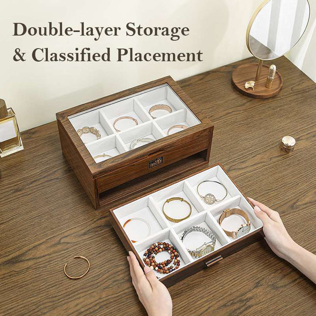 Casegrace Wood Bracelet Box - Luxury Wood Jewelry Case Display Jewelry Organizer - Locking Watch Display Case Holder with Large Glass Top