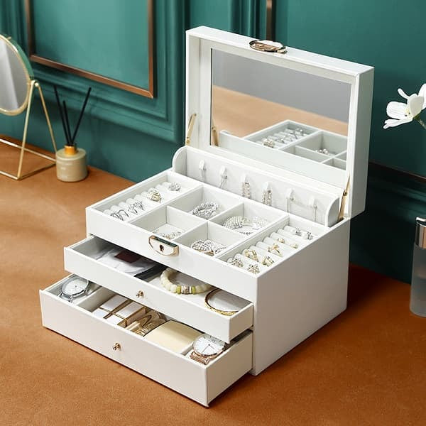 Casegrace Leather Large Jewellery Box With Lock Decor 3 Drawers for Women's Jewelry Organizer Earring
