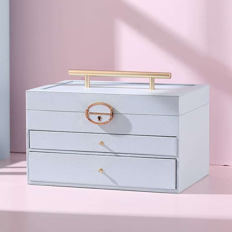 Casegrace Leather Large Jewellery Box With Lock Decor 3 Drawers for Women's Jewelry Organizer Earring