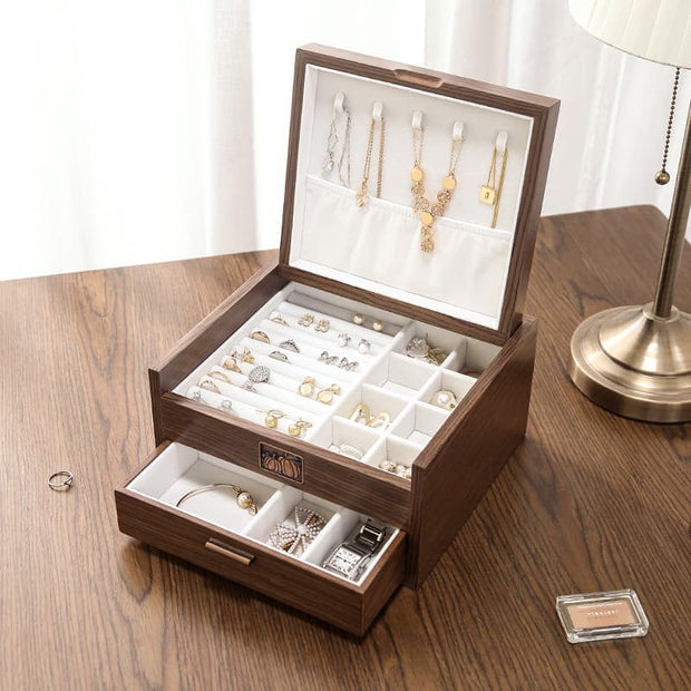 Casegrace Wooden Jewelry Box Large Black Walnut Wood for Women Storage Case Wooden Jewelry Display Box