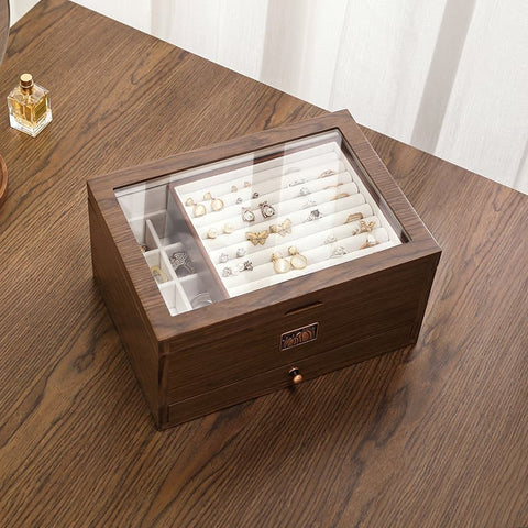 Casegrace Wood Jewelry Boxes - 3 Layer Jewelry Organizer Wooden Storage with Glass Top for Earring, Necklace, Bracelet, Rings