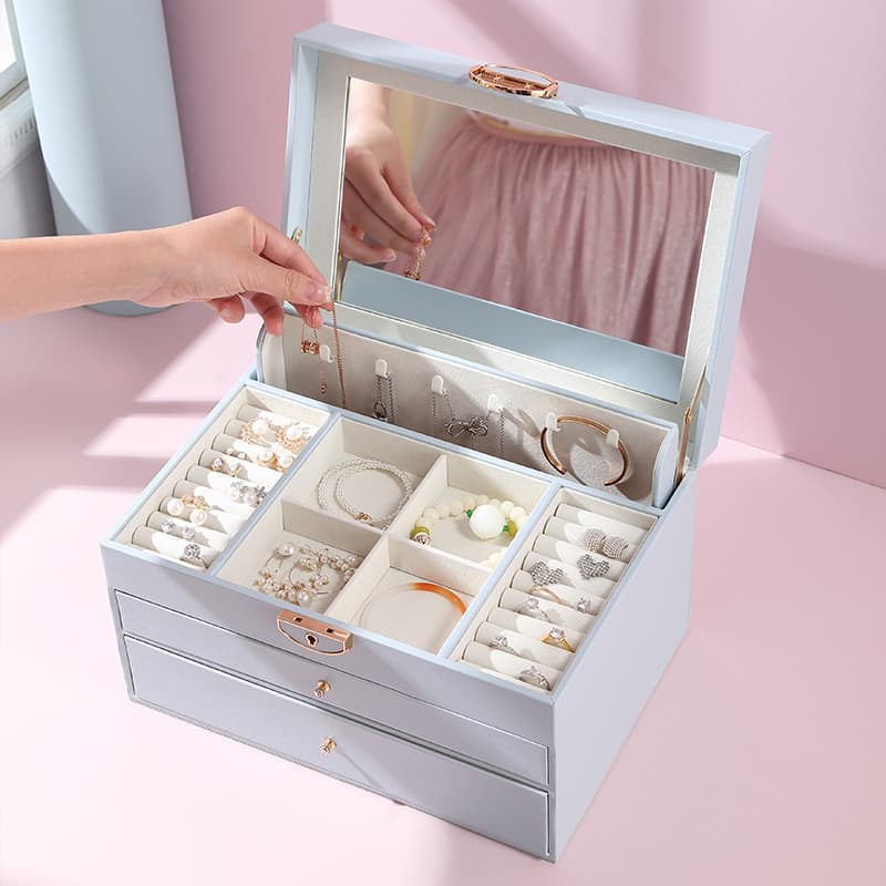 Casegrace Leather Large Jewellery Box With Lock Decor 3 Drawers for Women's Jewelry Organizer Earring