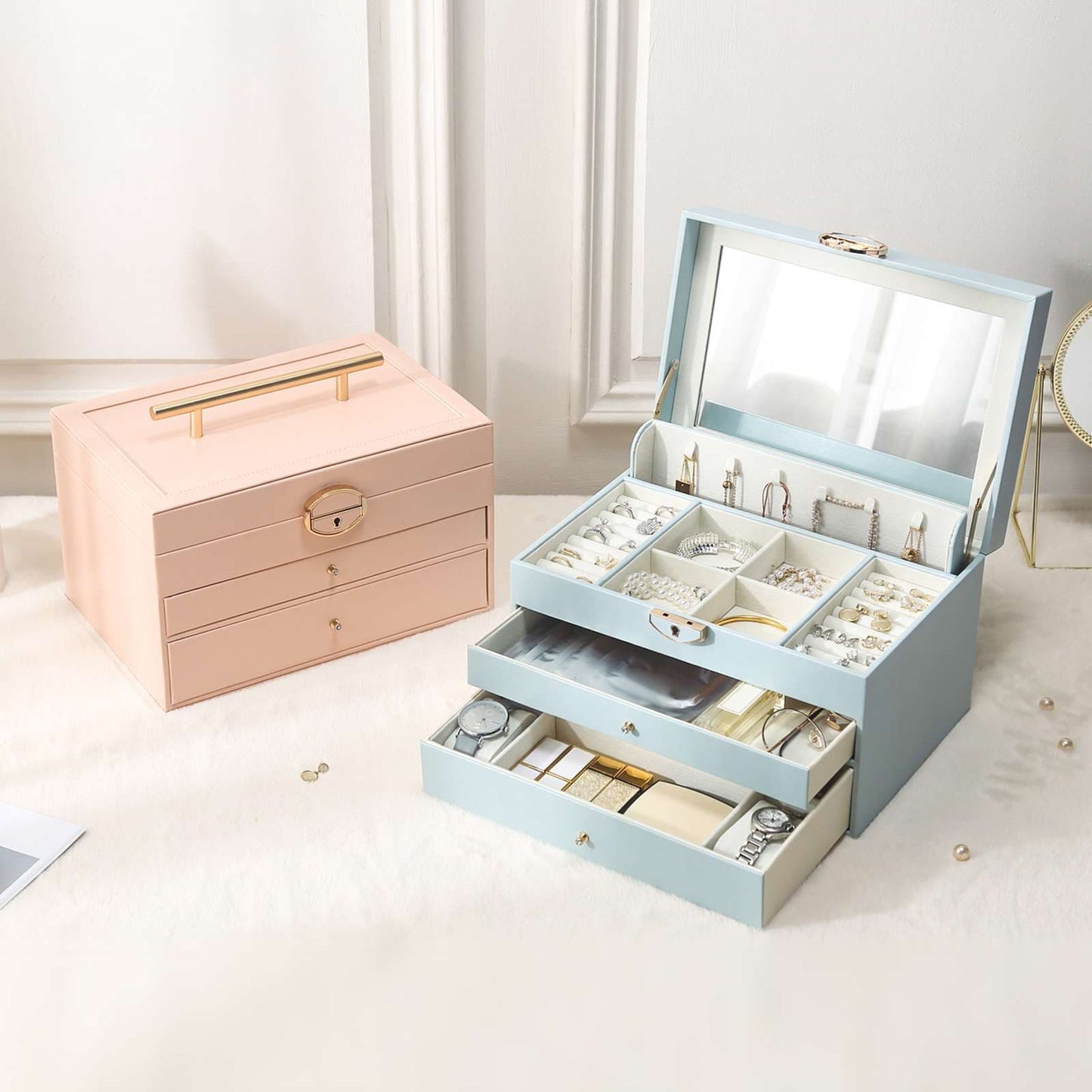 Casegrace Leather Large Jewellery Box With Lock Decor 3 Drawers for Women's Jewelry Organizer Earring