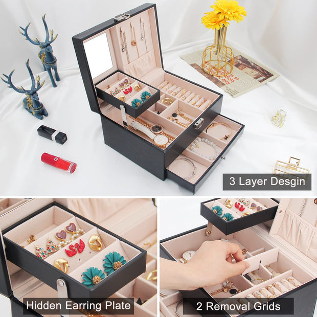 Casegrace Two layer Leather Jewelry Box Organizer With Lock Mirror for Women Girls Travel Case Display Storage
