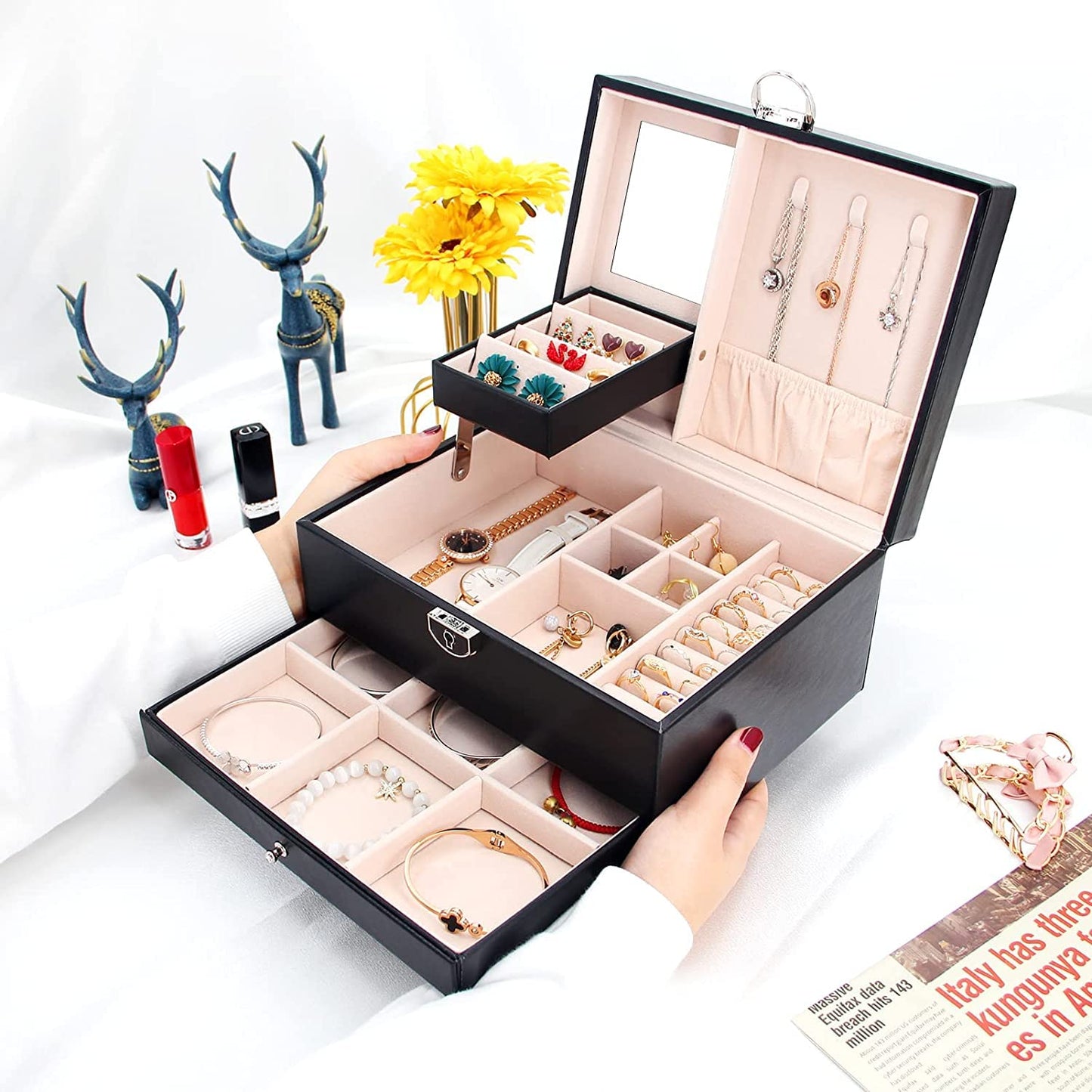 Casegrace Two layer Leather Jewelry Box Organizer With Lock Mirror for Women Girls Travel Case Display Storage